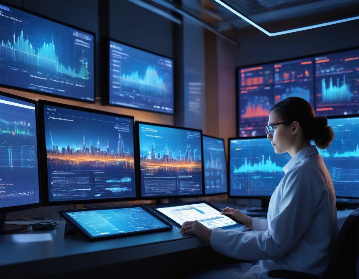A high-tech laboratory filled with advanced computer equipment and researchers performing tests on large screens displaying dynamic network diagnostics. In the foreground, a scientist uses a tablet to analyze data with colorful graphs and charts showcasing internet performance metrics. The background features a futuristic city skyline through a glass window, symbolizing connectivity. Soft glowing lights enhance the tech atmosphere. super-realistic. vibrant colors. 3D.