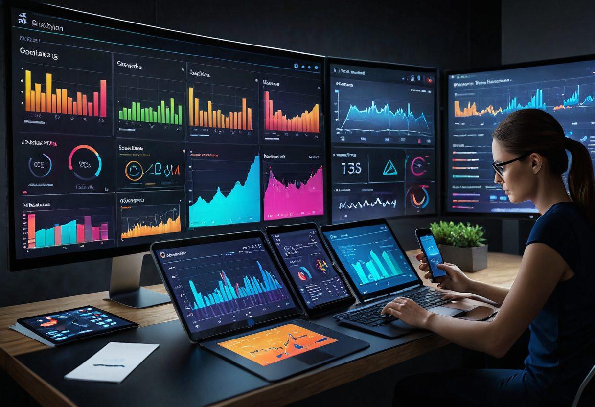 A modern, interactive dashboard glowing with data metrics and performance graphs, featuring arrows and pathways symbolizing navigation and connection. Include diverse people engaging with digital devices, analyzing data with curiosity and teamwork. The theme should convey collaboration and insight, using vibrant colors to emphasize the dynamic nature of data analysis. super-realistic. vibrant colors. 3D.